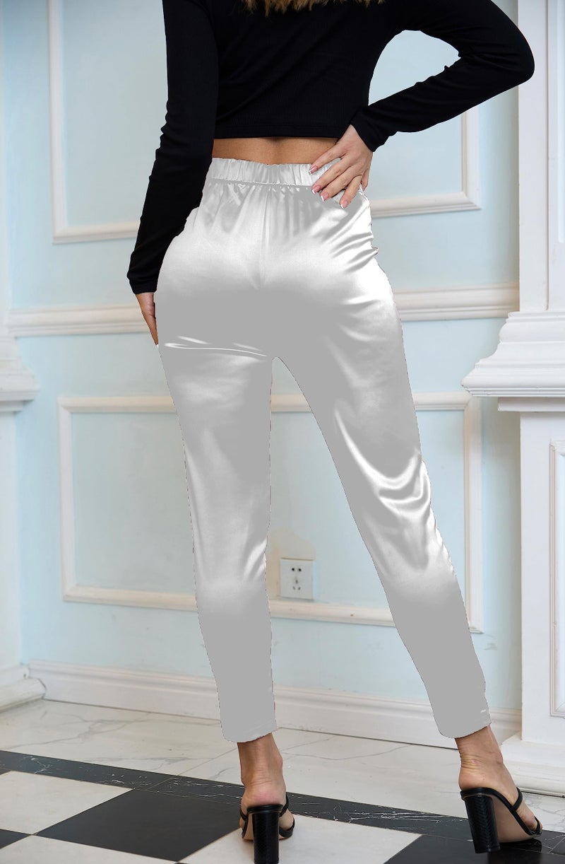 heipeiwa Women's Satin Pants Dress Casual Pleated Pull on High Waist Pants with Pockets White - Image 3